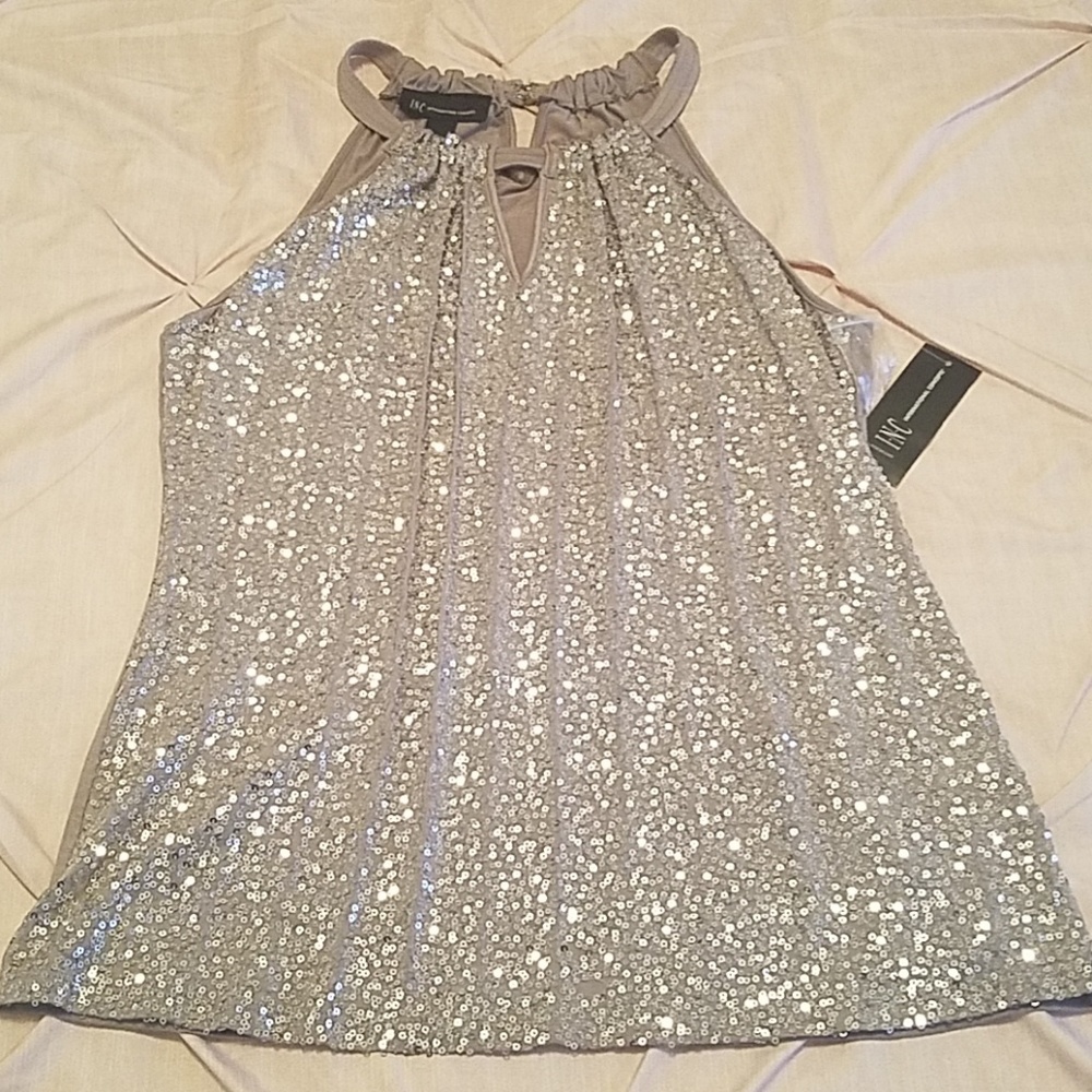 NWT I.N.C. Sequined Keyhole Halter Top - Taupe -L